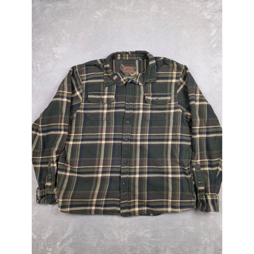Orvis Big Bear Flannel Shirt Jacket Mens XL Green Plaid Heavyweight Shacket Read